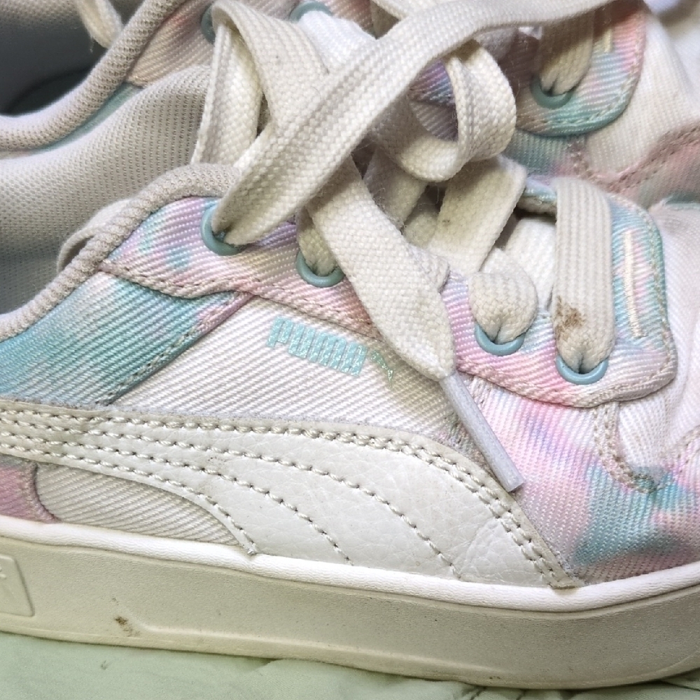 Puma Kids White Sneakers with Pastel Pink & Blue Tie-Dye Accents